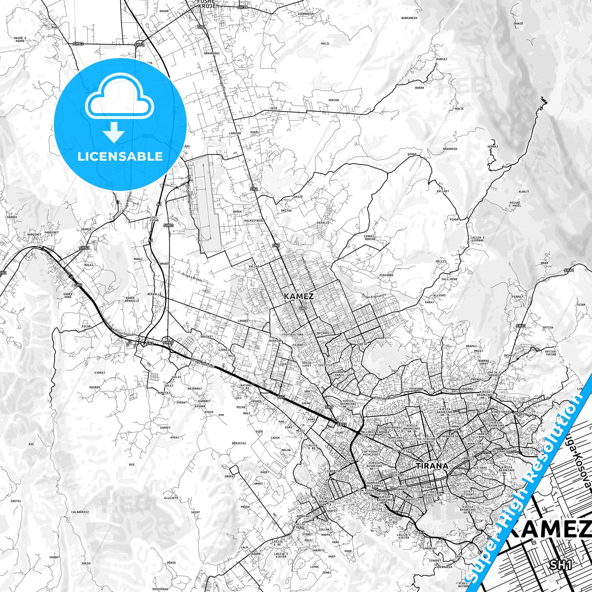 Kamëz, Albania light map with streetnames, citynames and districts