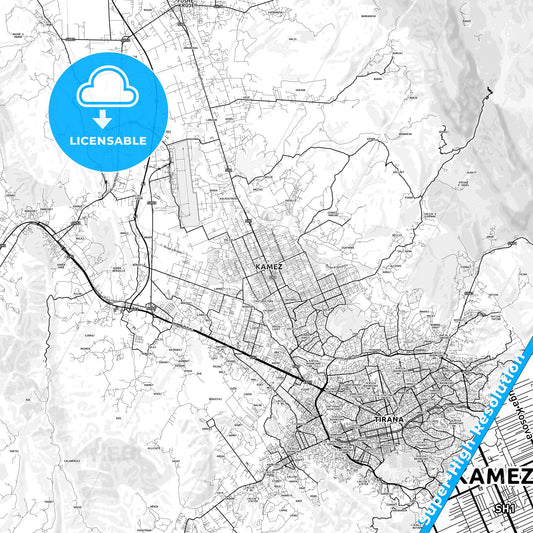 Kamëz, Albania light map with streetnames, citynames and districts
