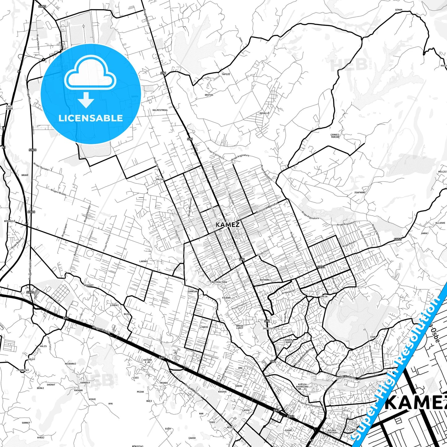 Kamëz, Albania Light Map with Street Names, City Names, and Districts