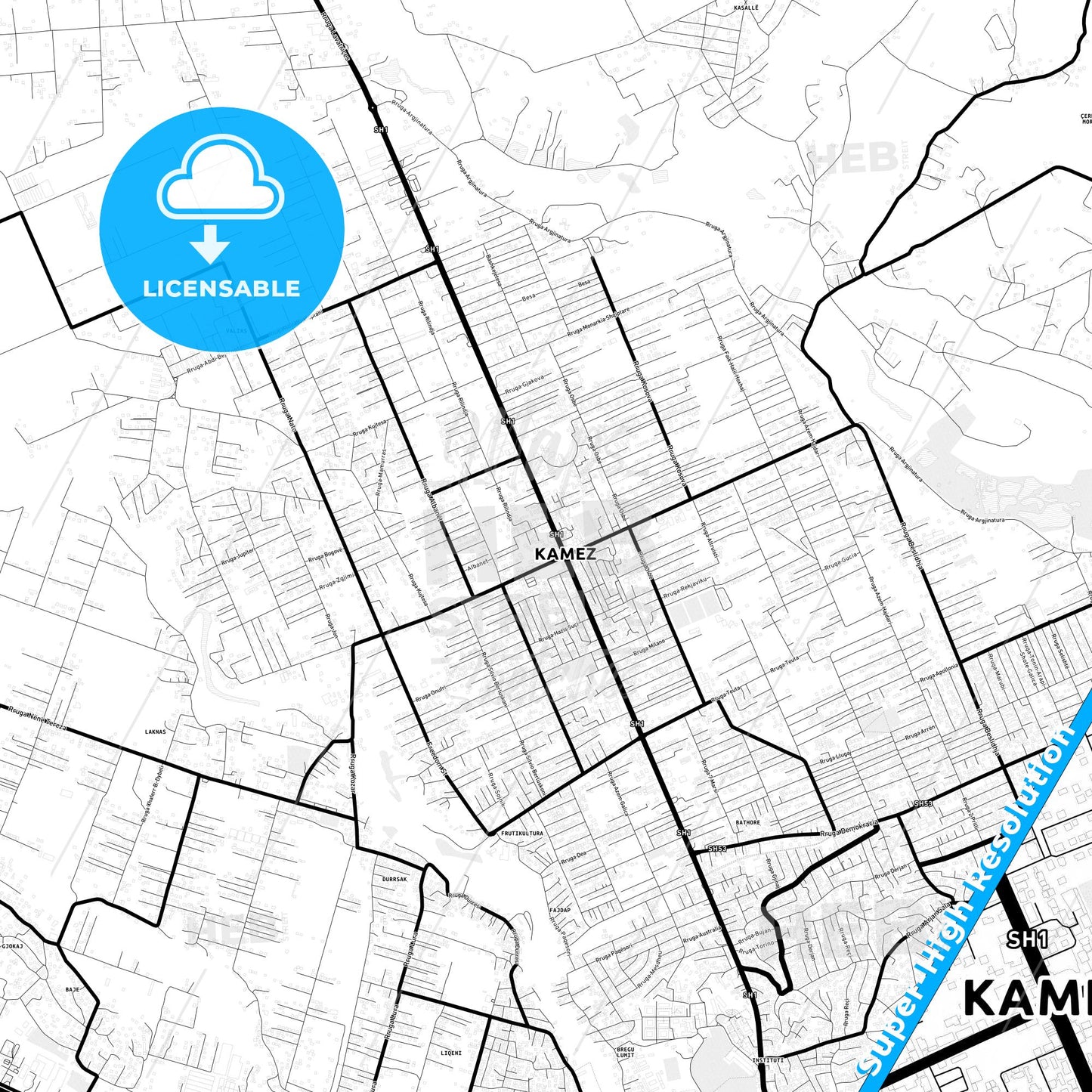 Kamëz, Albania Light Map with Street Names, City Names, and Districts
