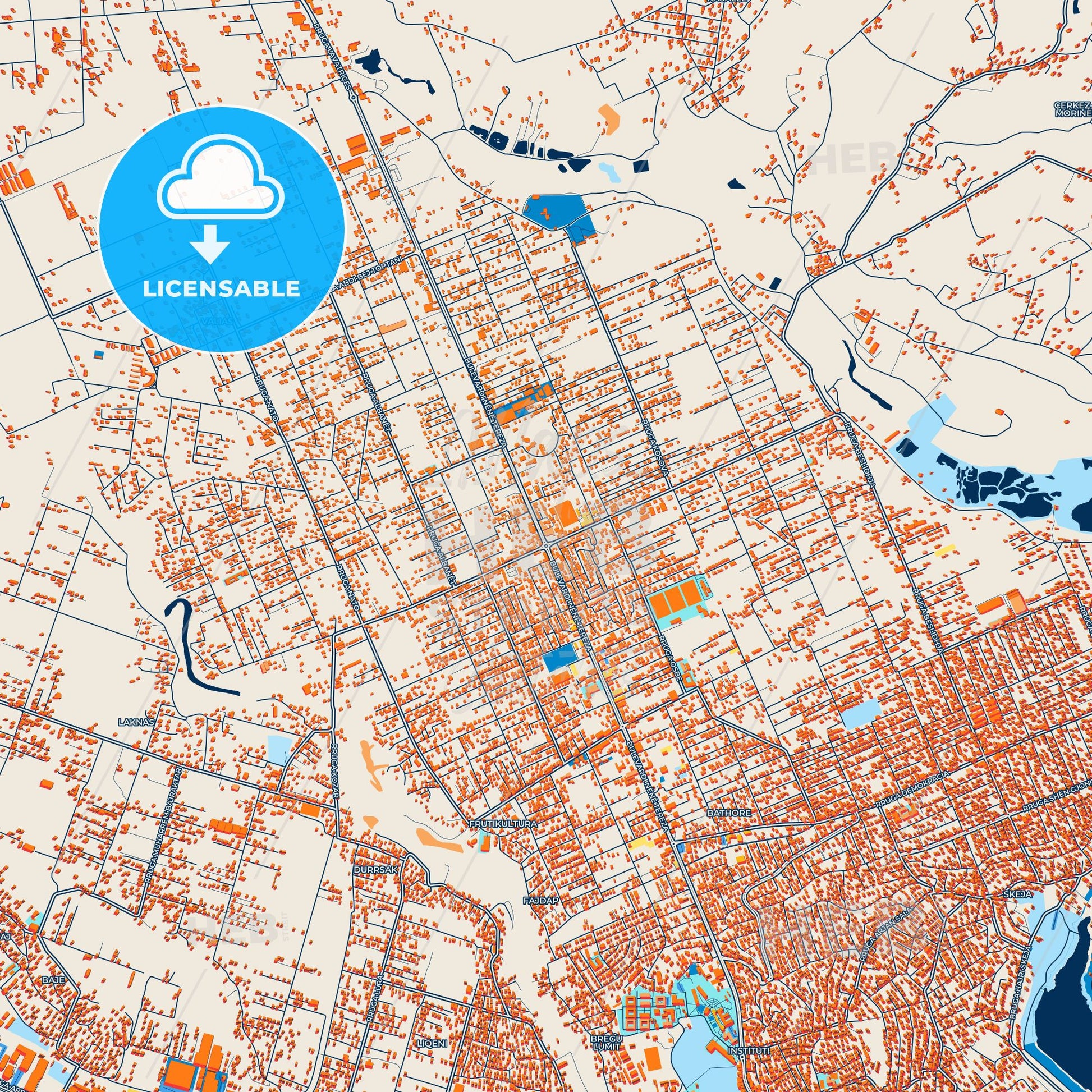 Colorful Kamëz Street Map with Labels and Buildings