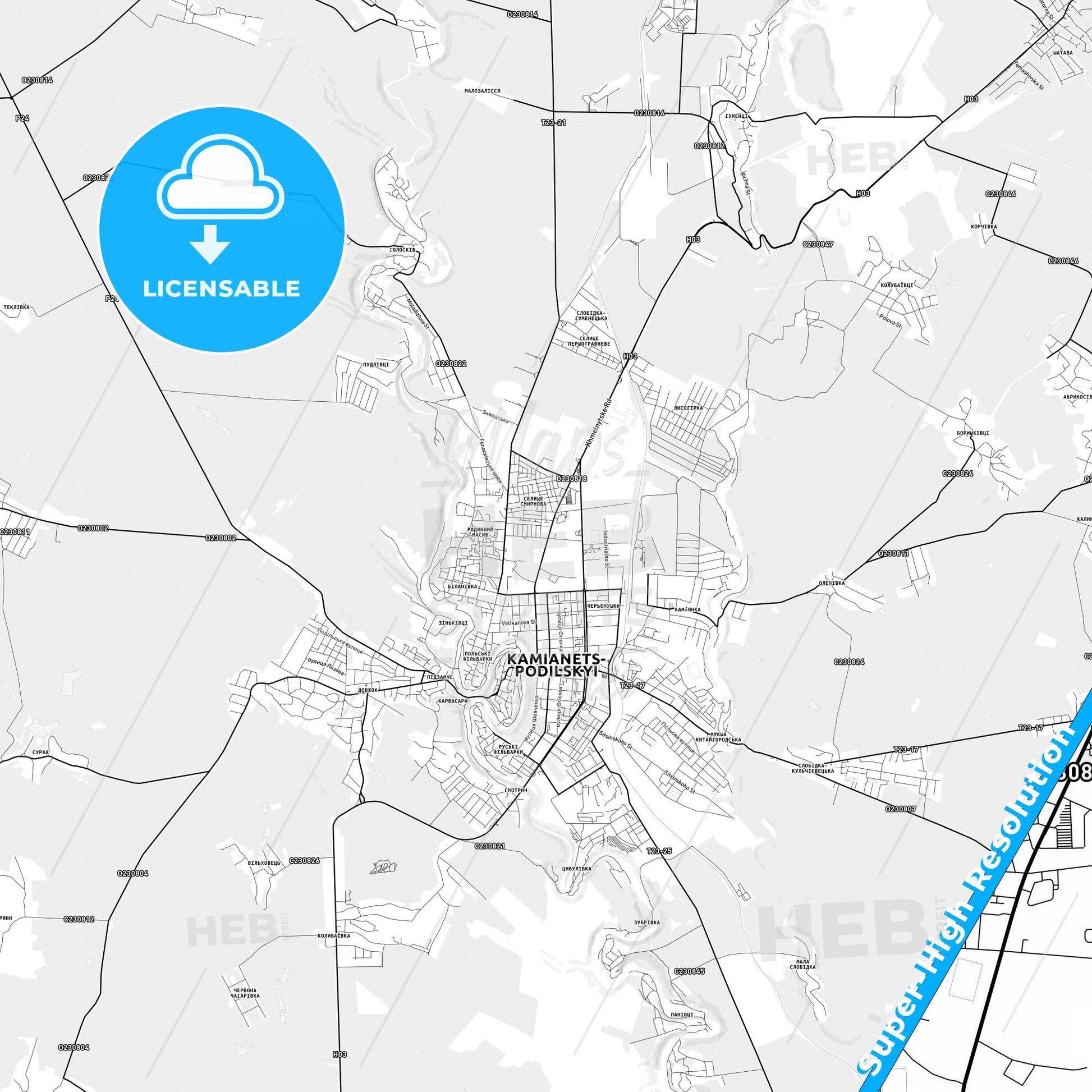 Kamianets-Podilskyi, Ukraine light map with streetnames, citynames and districts