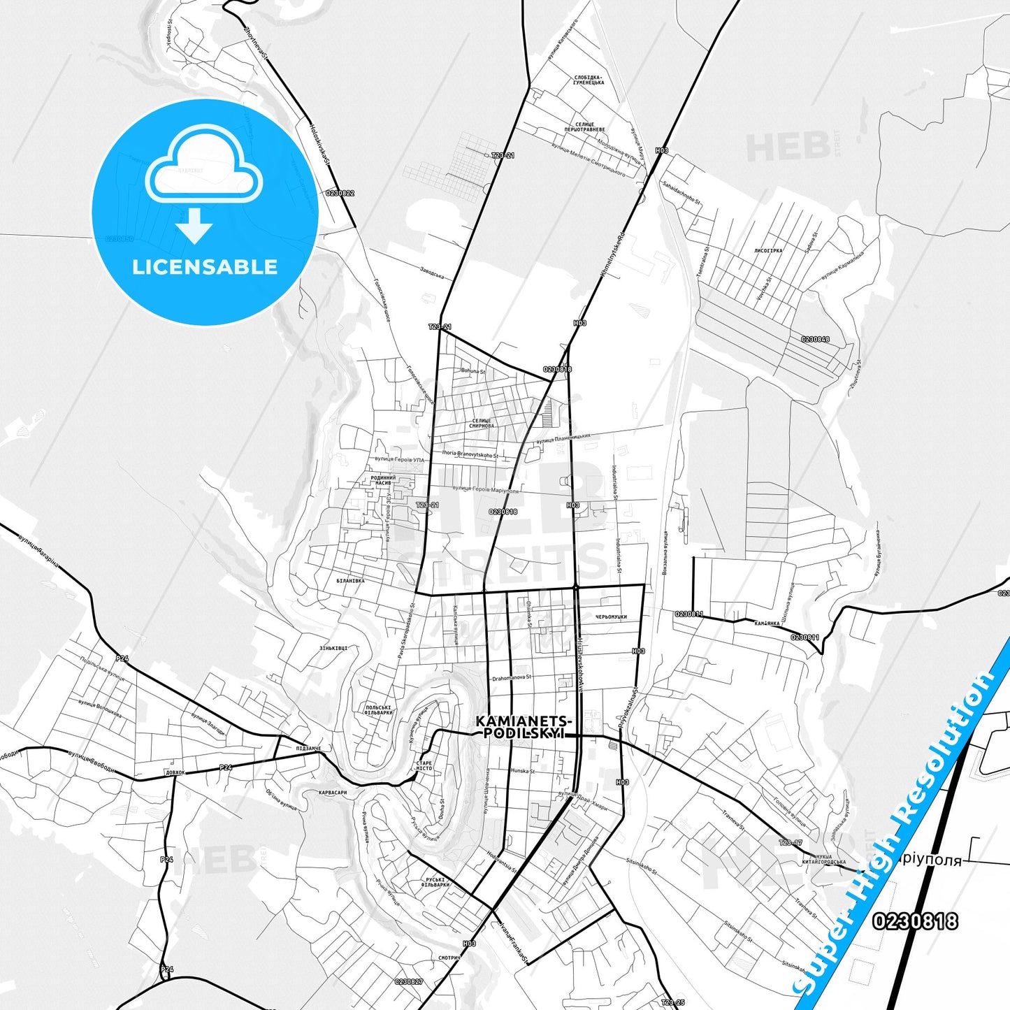 Kamianets-Podilskyi, Ukraine Light Map with Street Names, City Names, and Districts