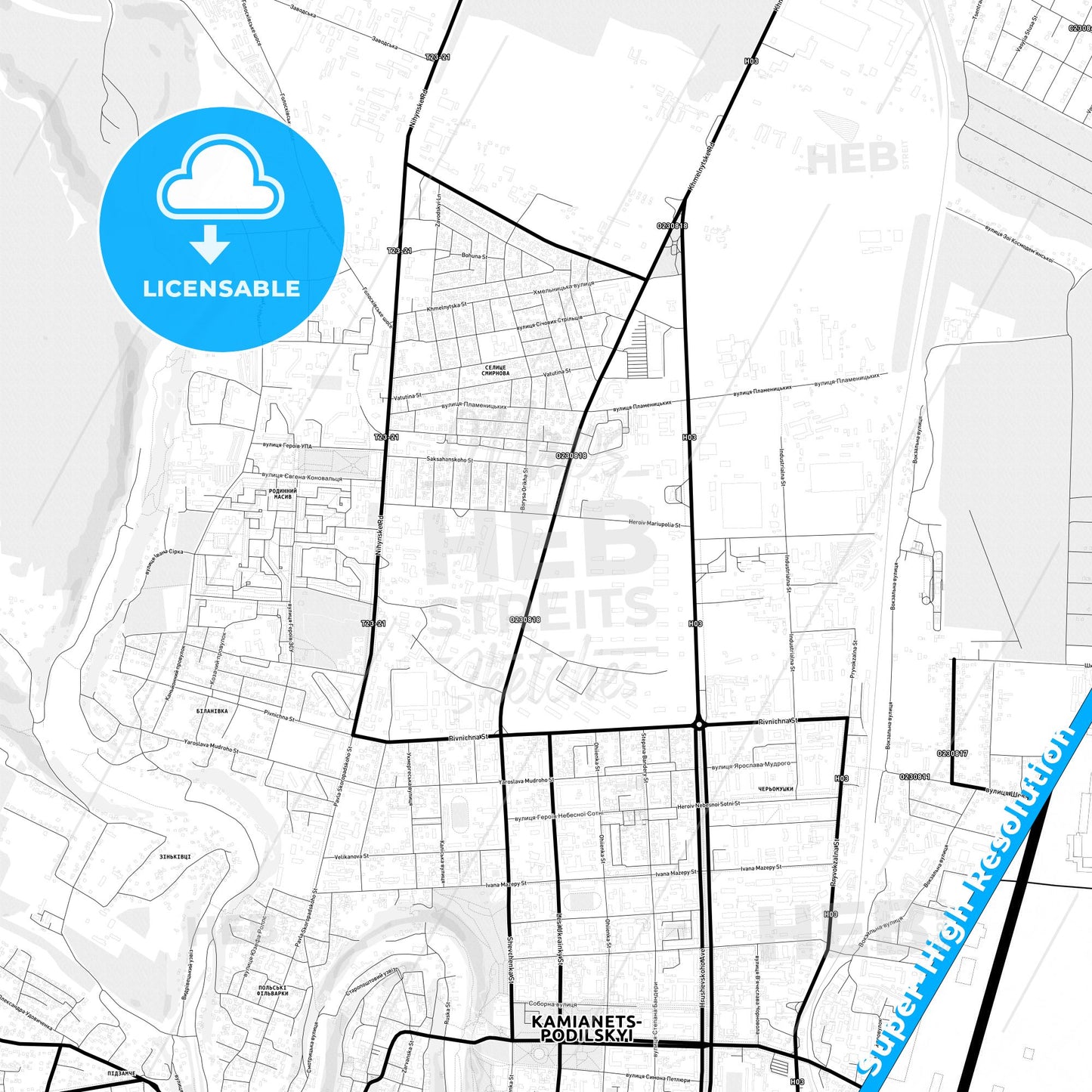 Kamianets-Podilskyi, Ukraine Light Map with Street Names, City Names, and Districts