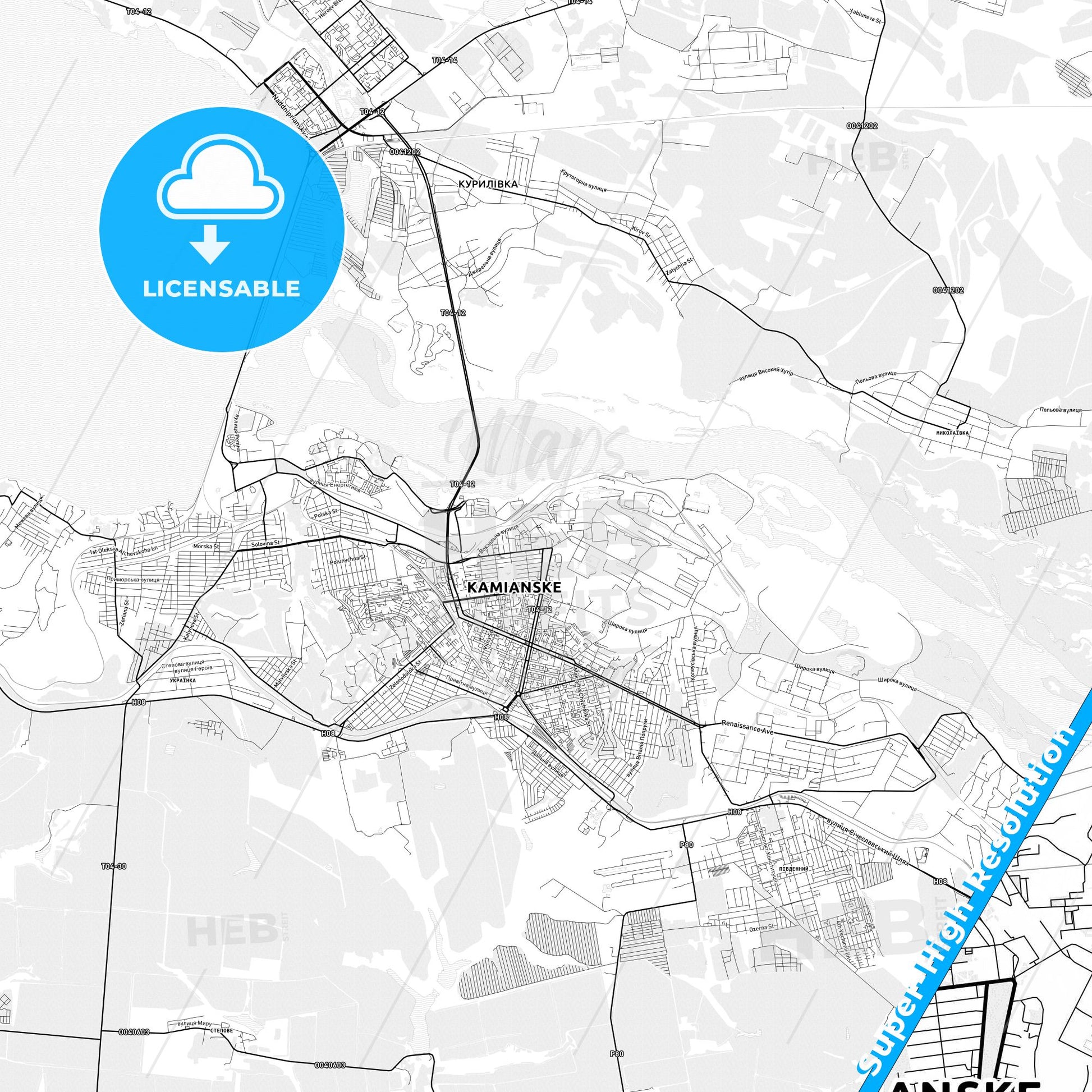 Kamianske, Ukraine light map with streetnames, citynames and districts