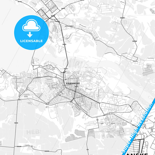 Kamianske, Ukraine light map with streetnames, citynames and districts