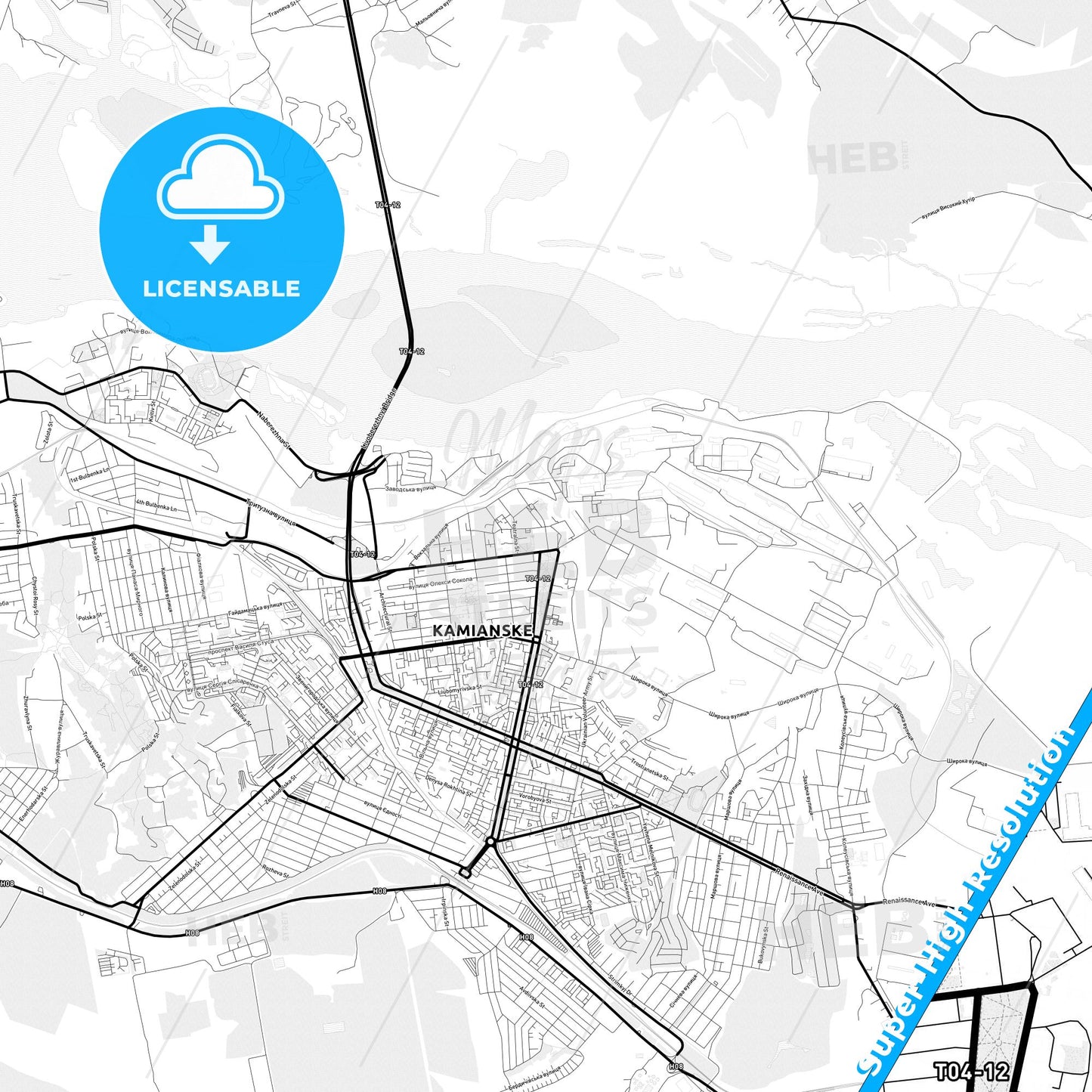 Kamianske, Ukraine Light Map with Street Names, City Names, and Districts