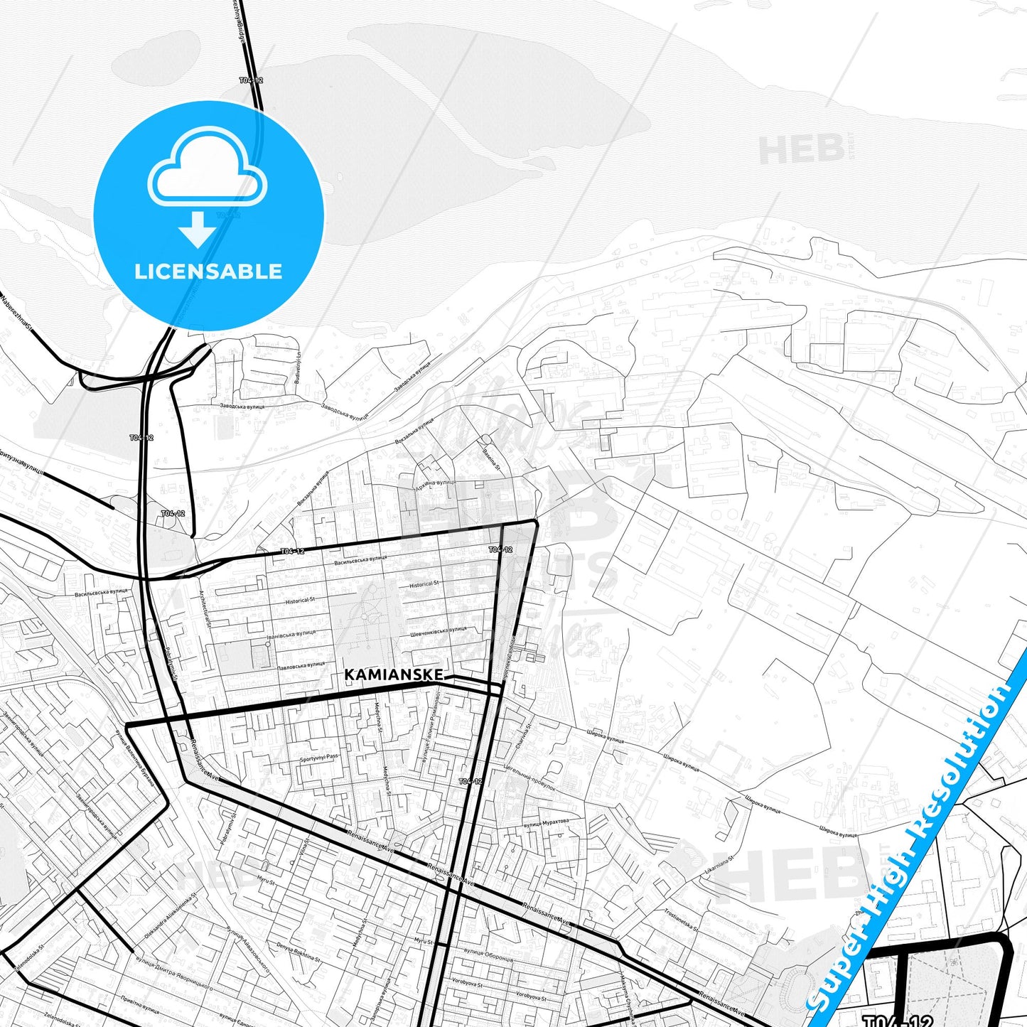 Kamianske, Ukraine Light Map with Street Names, City Names, and Districts