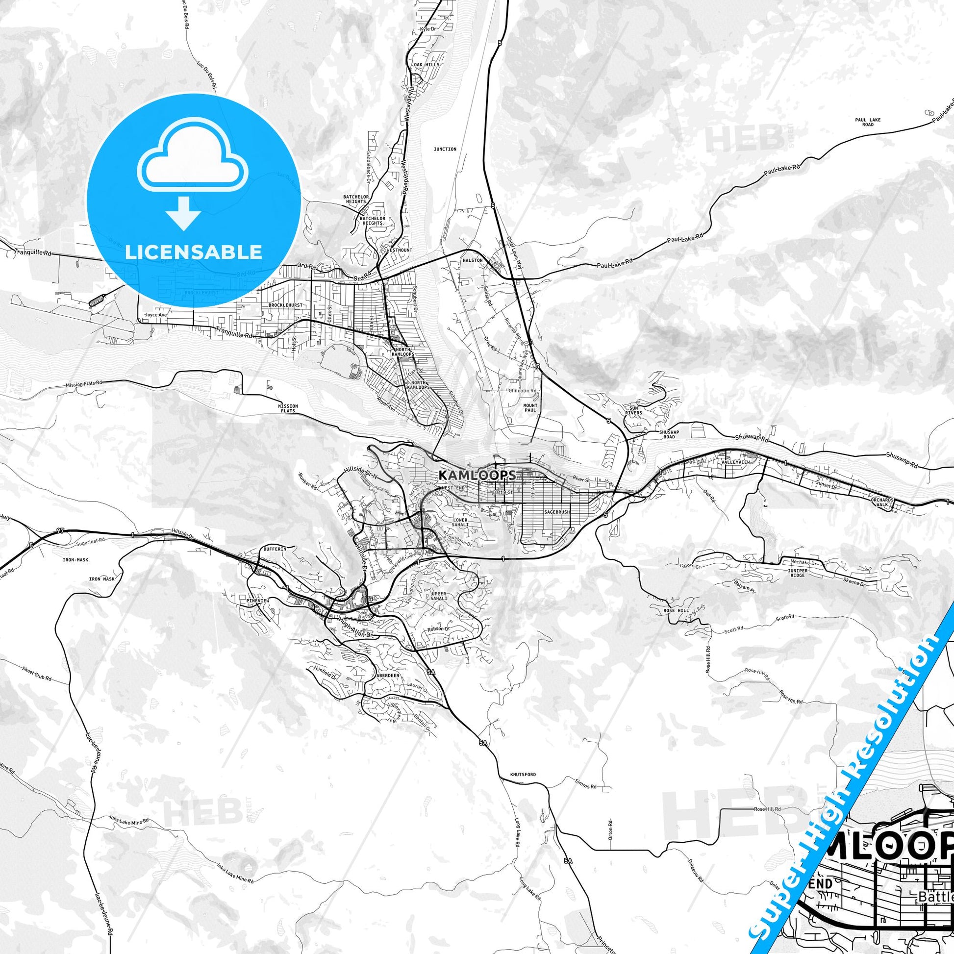 Kamloops, Canada light map with streetnames, citynames and districts