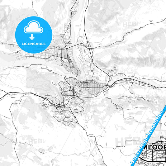 Kamloops, Canada light map with streetnames, citynames and districts
