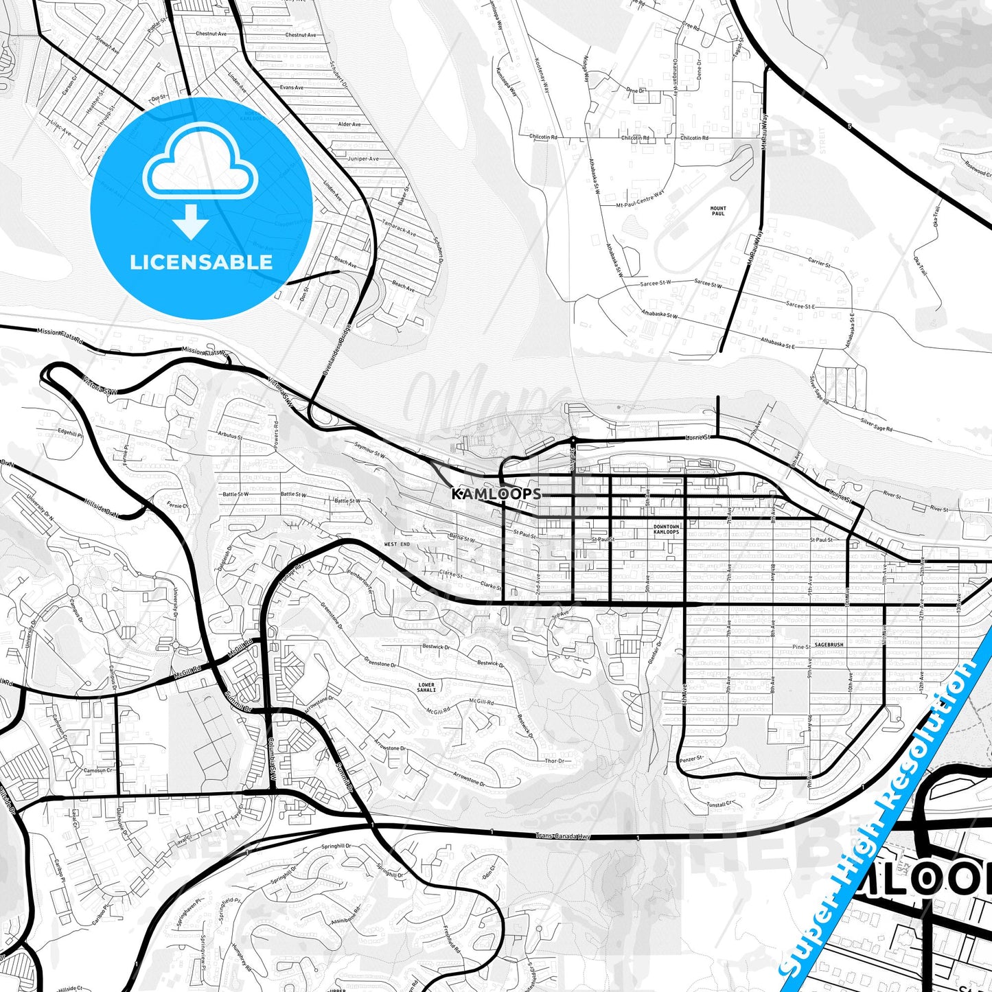 Kamloops, Canada Light Map with Street Names, City Names, and Districts