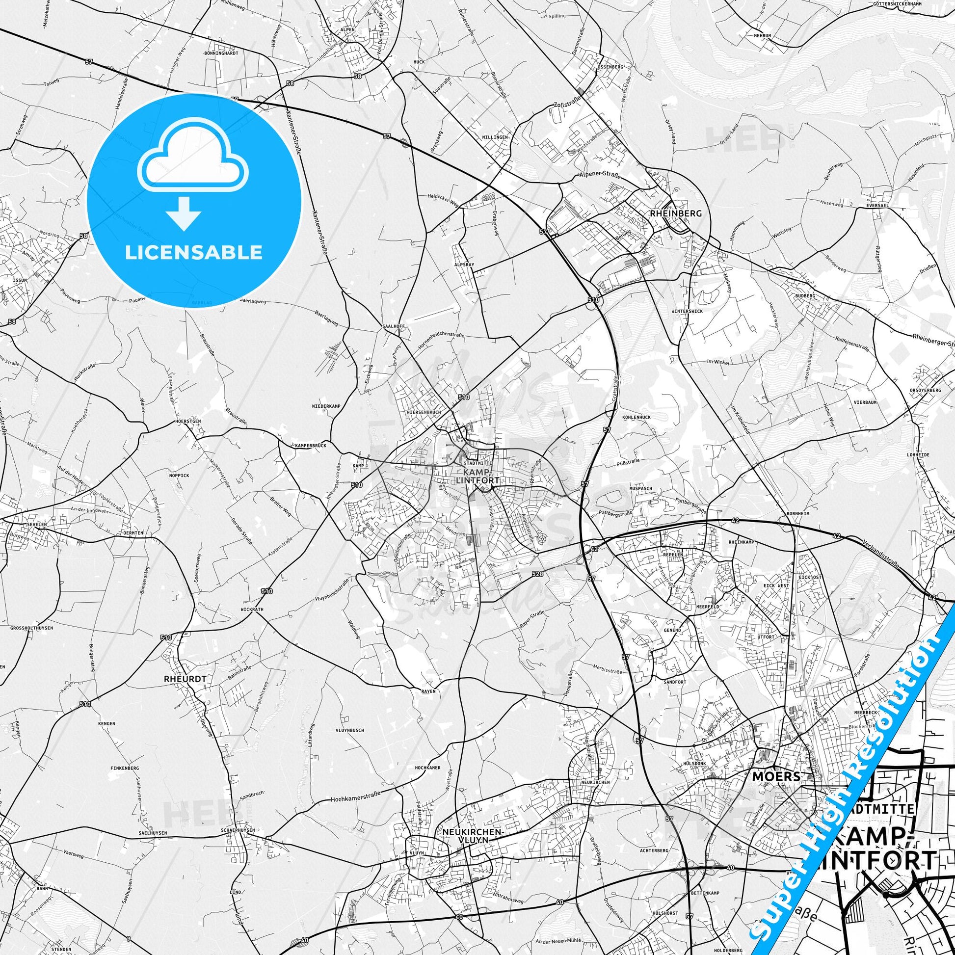 Kamp-Lintfort, Germany light map with streetnames, citynames and districts