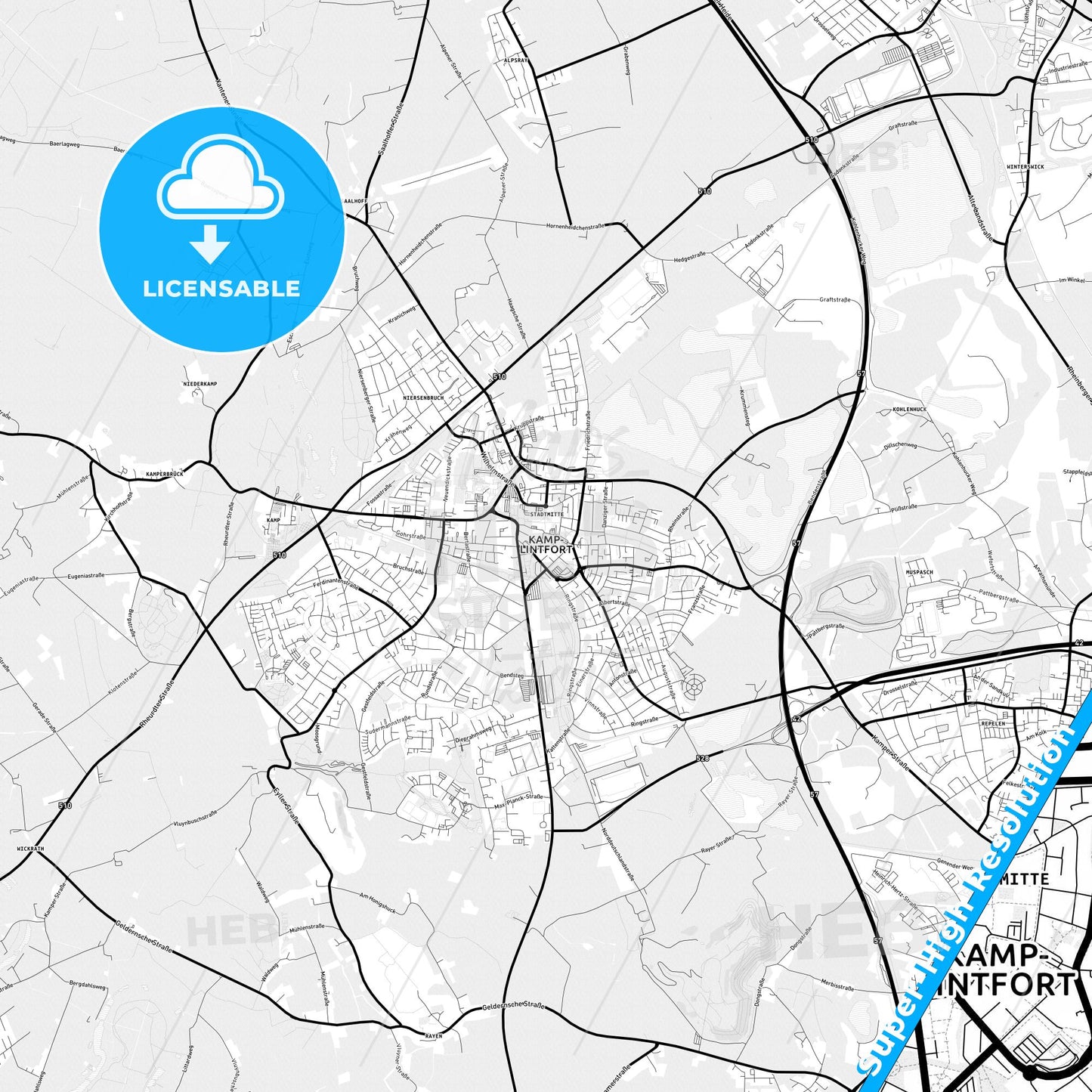 Kamp-Lintfort, Germany Light Map with Street Names, City Names, and Districts