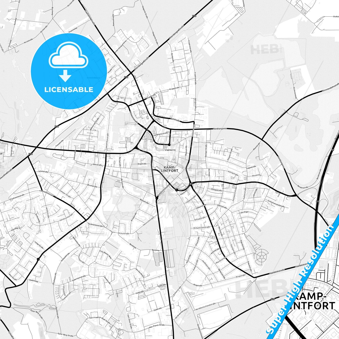 Kamp-Lintfort, Germany Light Map with Street Names, City Names, and Districts