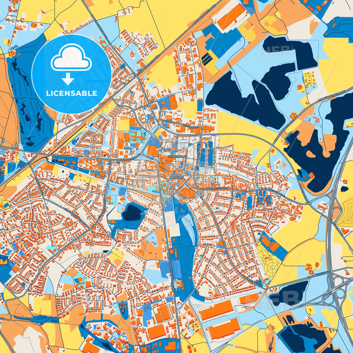Colorful Kamp-Lintfort Street Map with Labels and Buildings