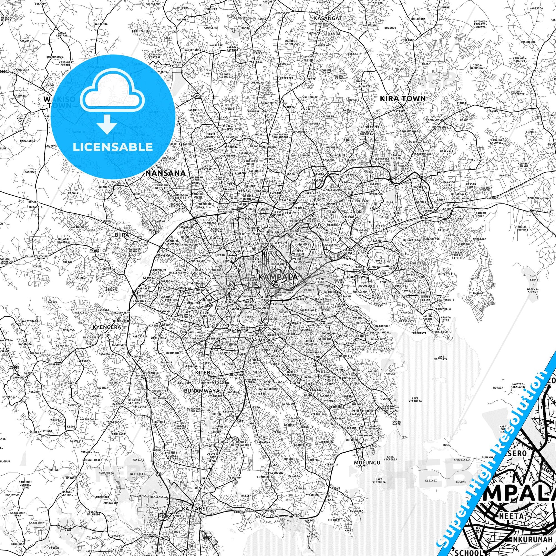 Kampala, Uganda light map with streetnames, citynames and districts