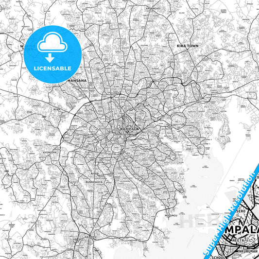 Kampala, Uganda light map with streetnames, citynames and districts