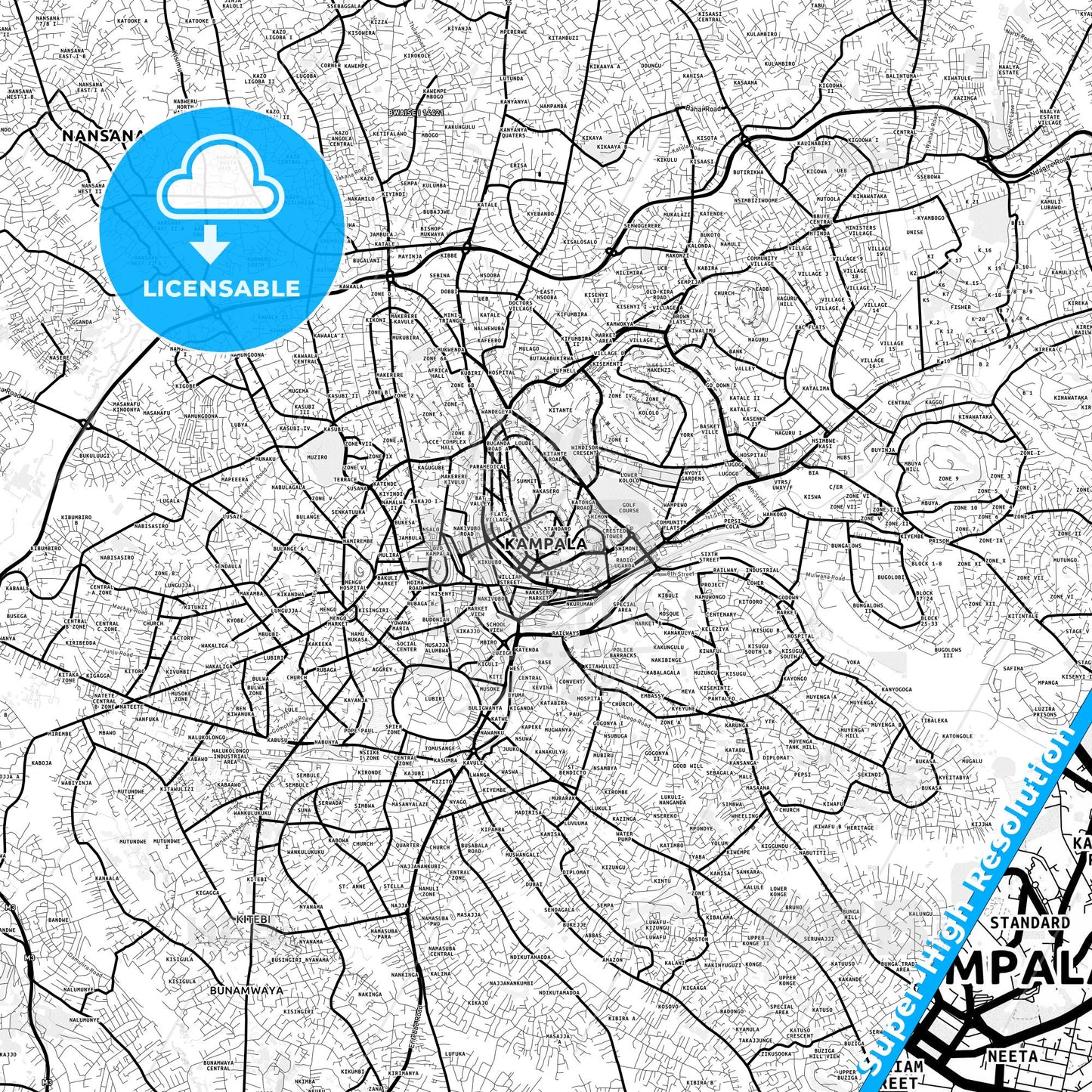 Kampala, Uganda Light Map with Street Names, City Names, and Districts