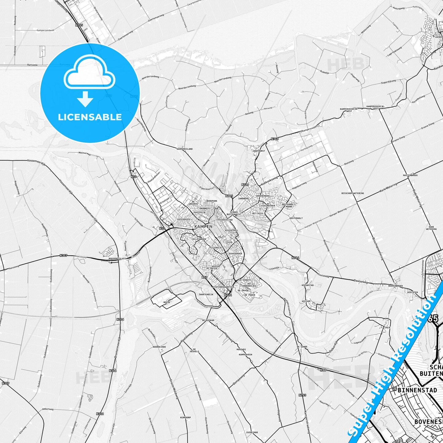 Kampen, Netherlands light map with streetnames, citynames and districts