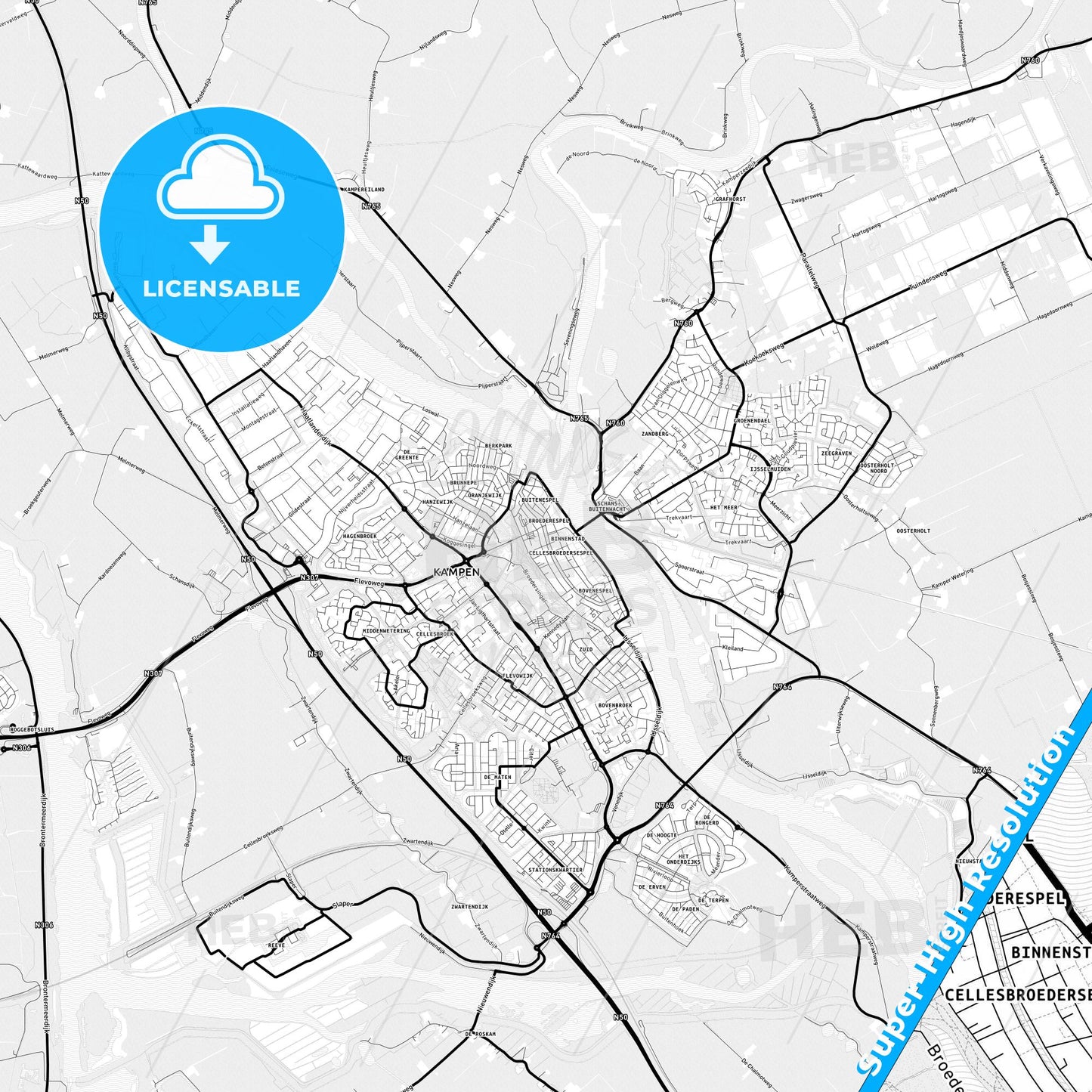 Kampen, Netherlands Light Map with Street Names, City Names, and Districts