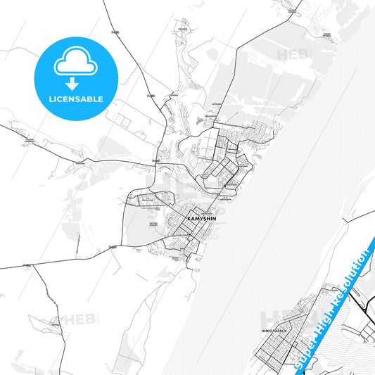 Kamyshin, Russia light map with streetnames, citynames and districts