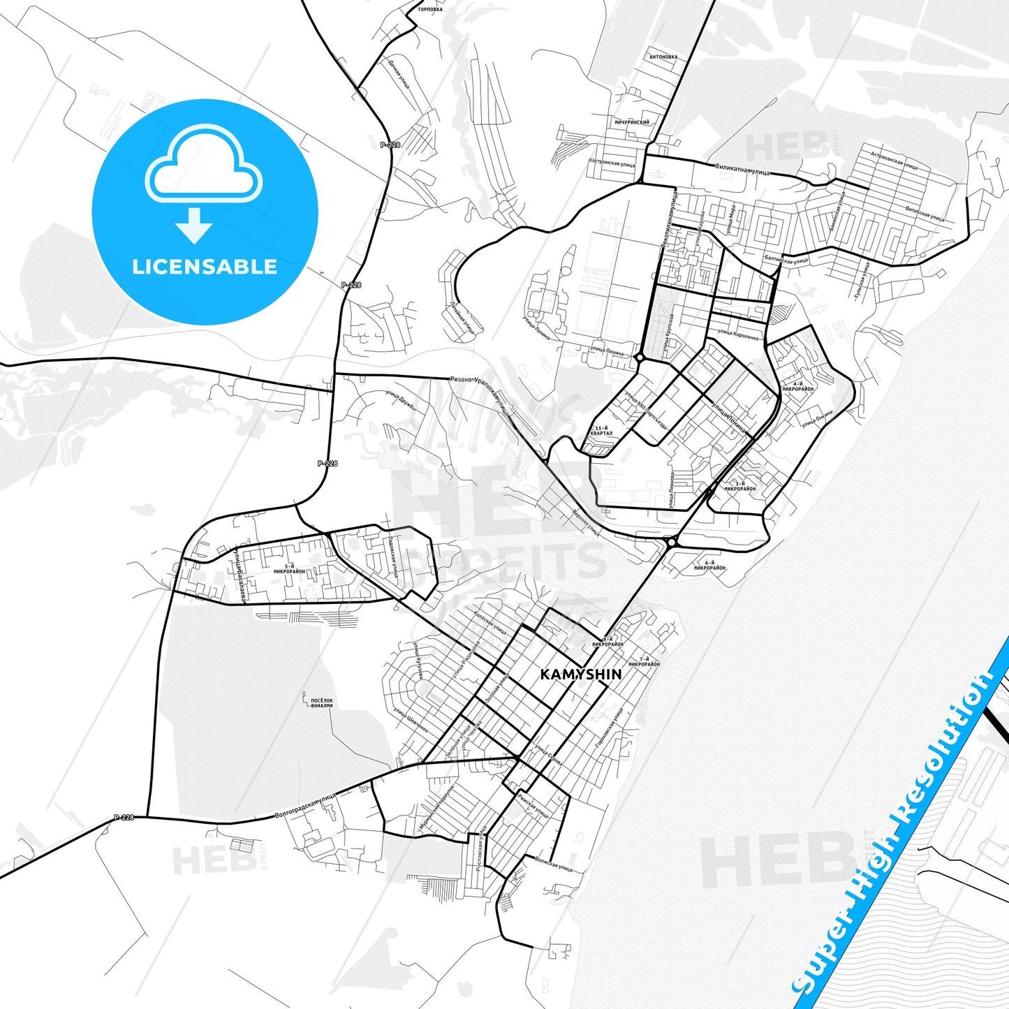 Kamyshin, Russia Light Map with Street Names, City Names, and Districts