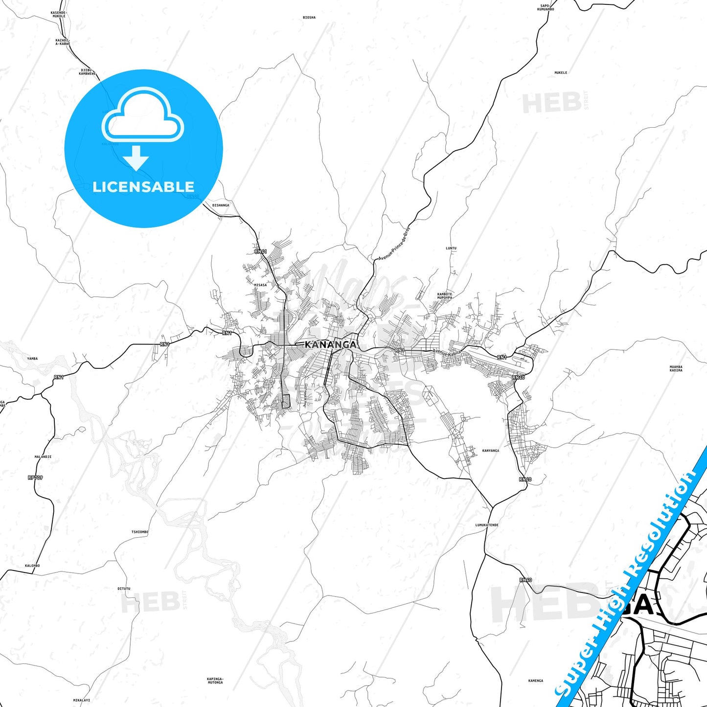 Kananga, DR Congo light map with streetnames, citynames and districts