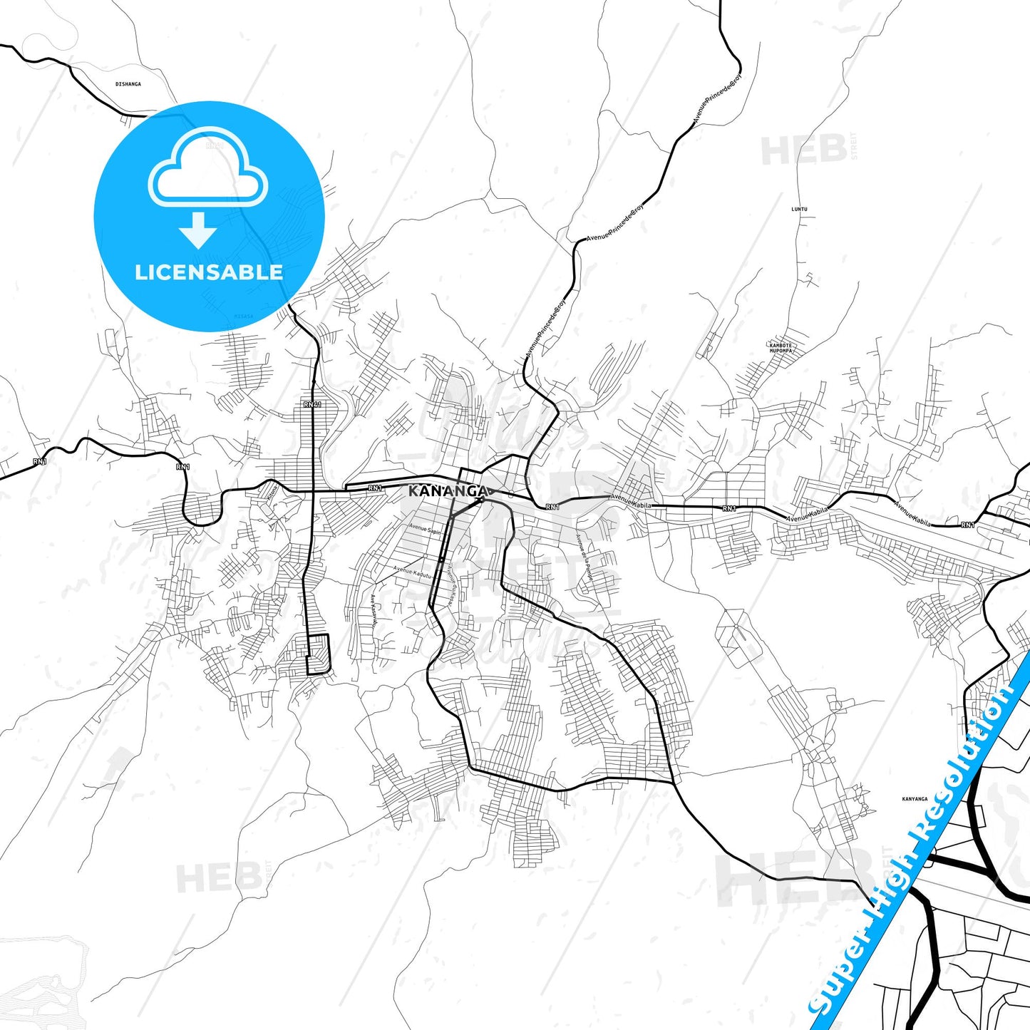 Kananga, DR Congo Light Map with Street Names, City Names, and Districts