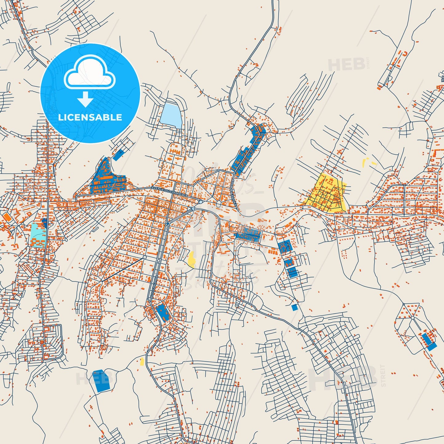 Colorful Kananga Street Map with Labels and Buildings