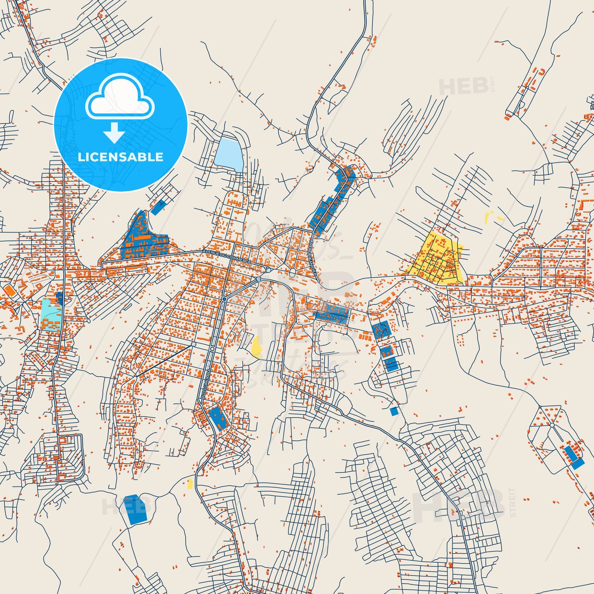 Colorful Kananga Street Map with Labels and Buildings