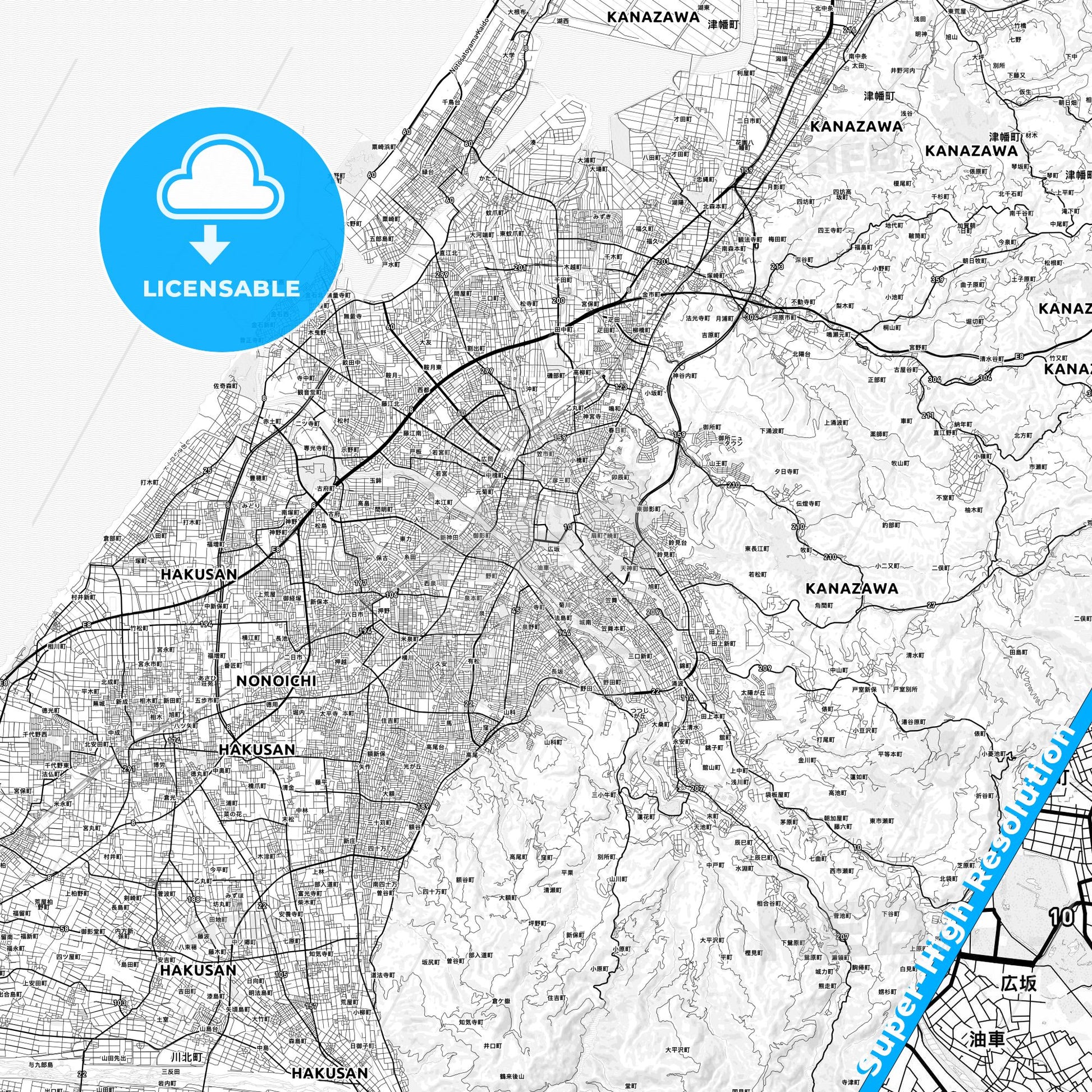 Kanazawa, Japan light map with streetnames, citynames and districts