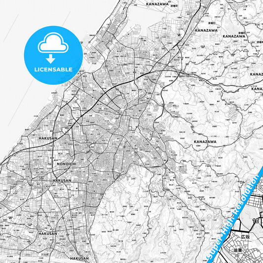 Kanazawa, Japan light map with streetnames, citynames and districts