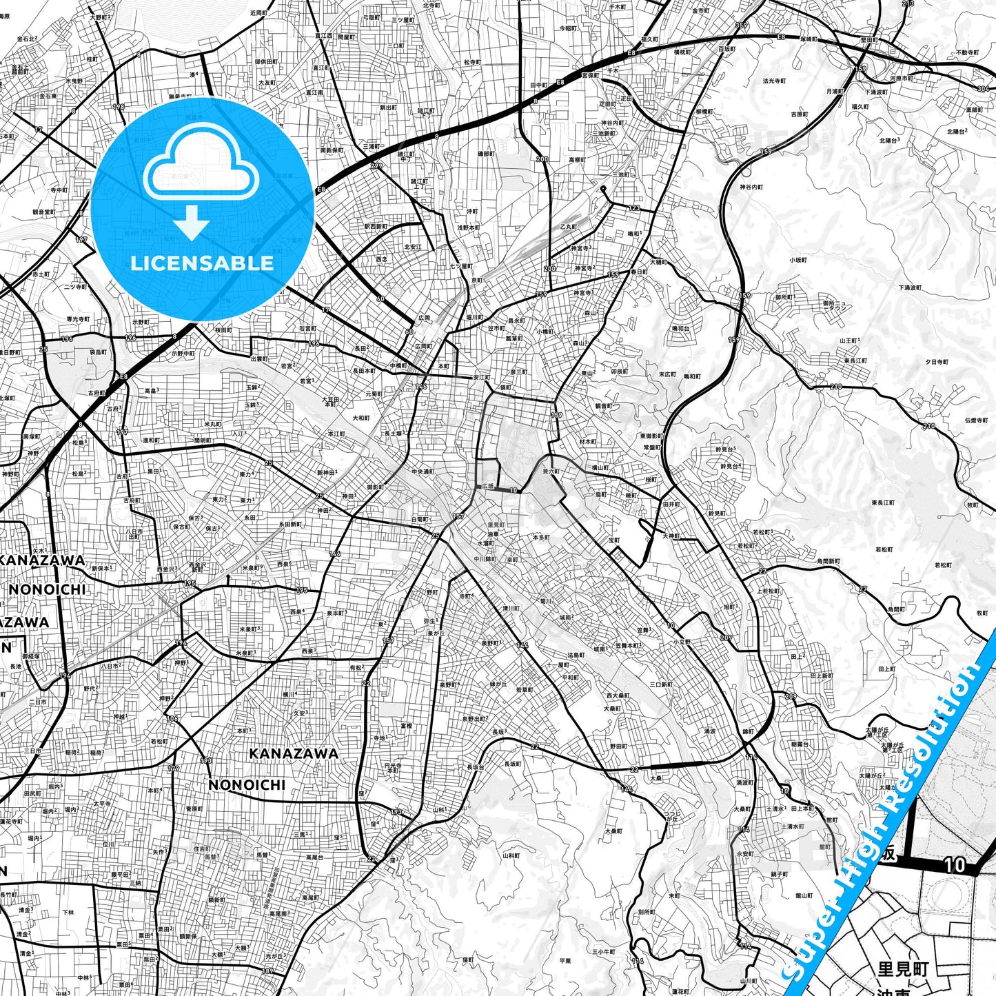 Kanazawa, Japan Light Map with Street Names, City Names, and Districts