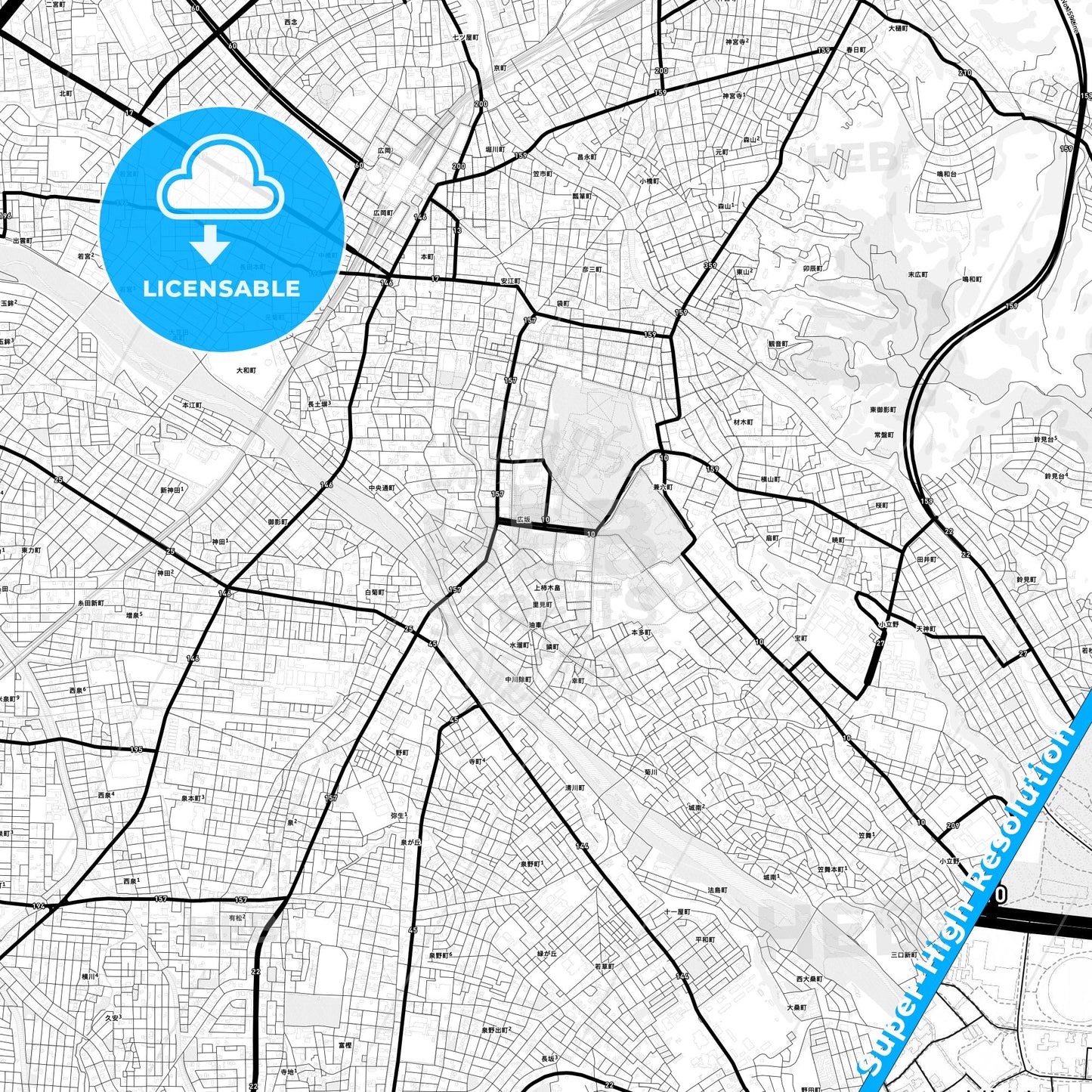 Kanazawa, Japan Light Map with Street Names, City Names, and Districts