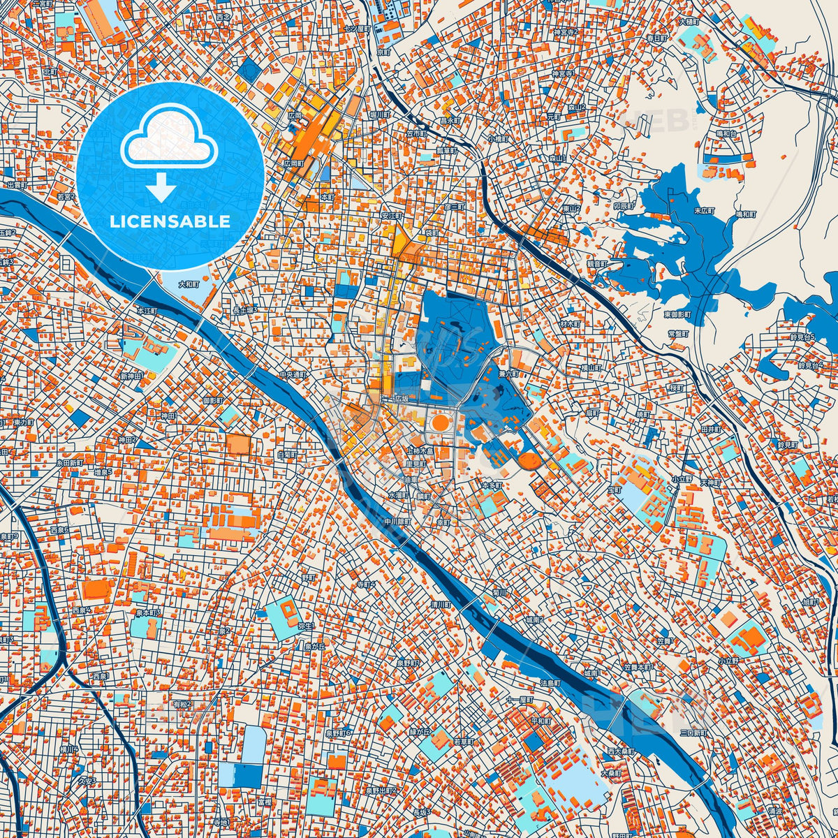 Colorful Kanazawa Street Map with Labels and Buildings