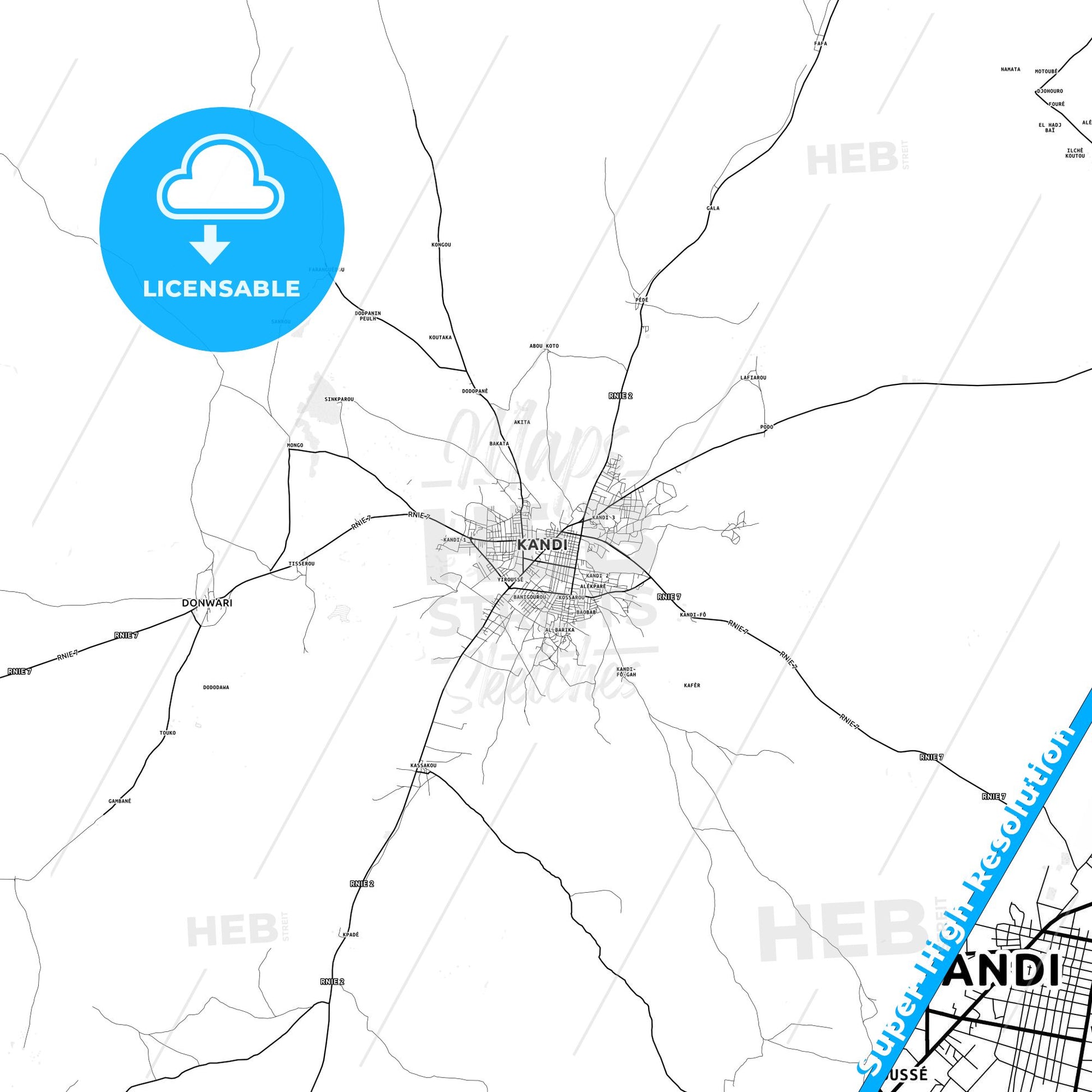 Kandi, Benin light map with streetnames, citynames and districts