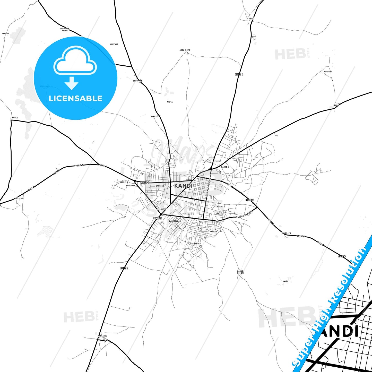 Kandi, Benin Light Map with Street Names, City Names, and Districts