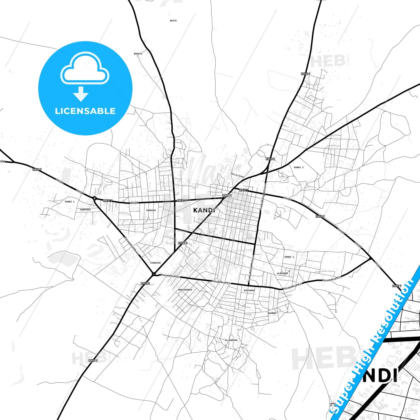 Kandi, Benin Light Map with Street Names, City Names, and Districts