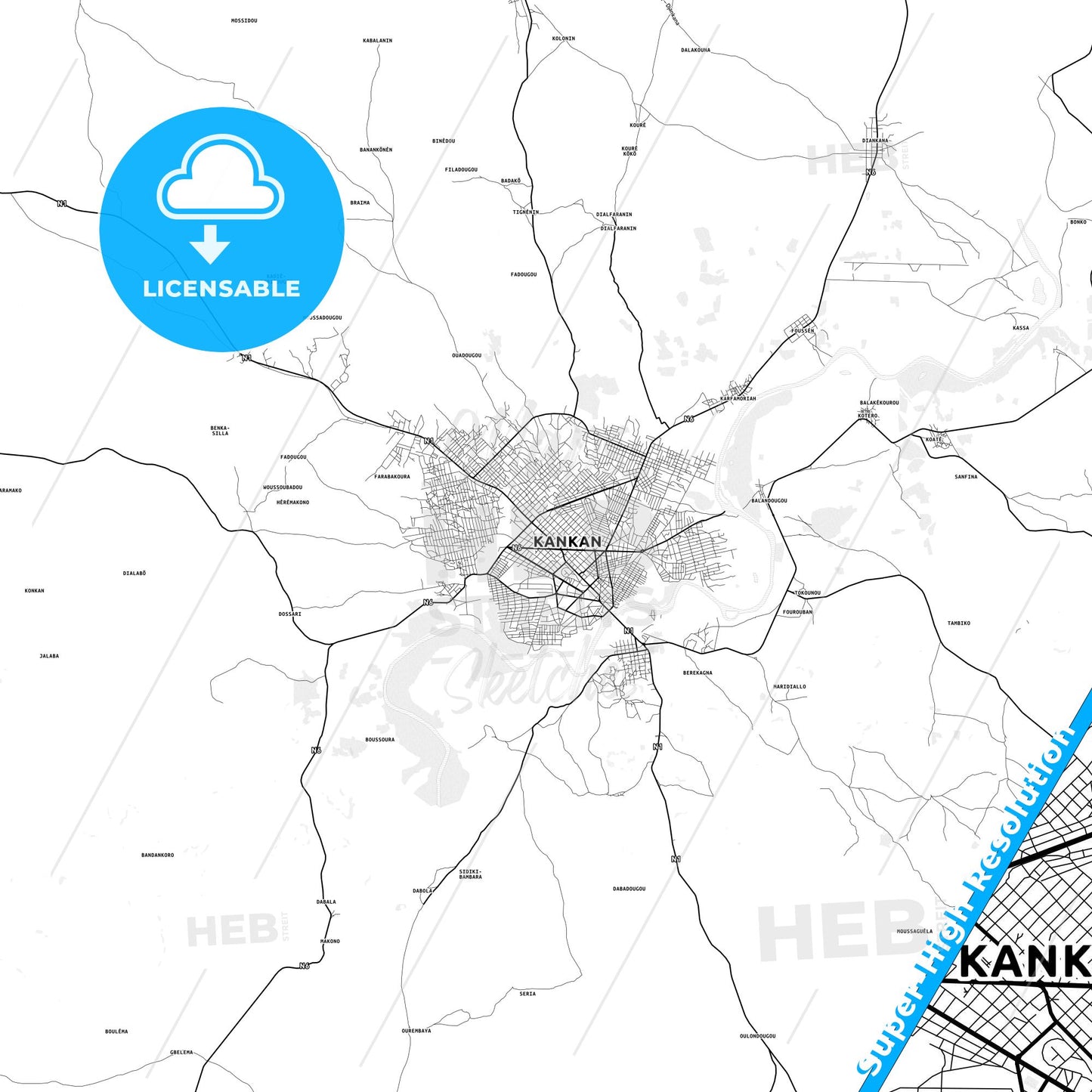 Kankan, Guinea light map with streetnames, citynames and districts