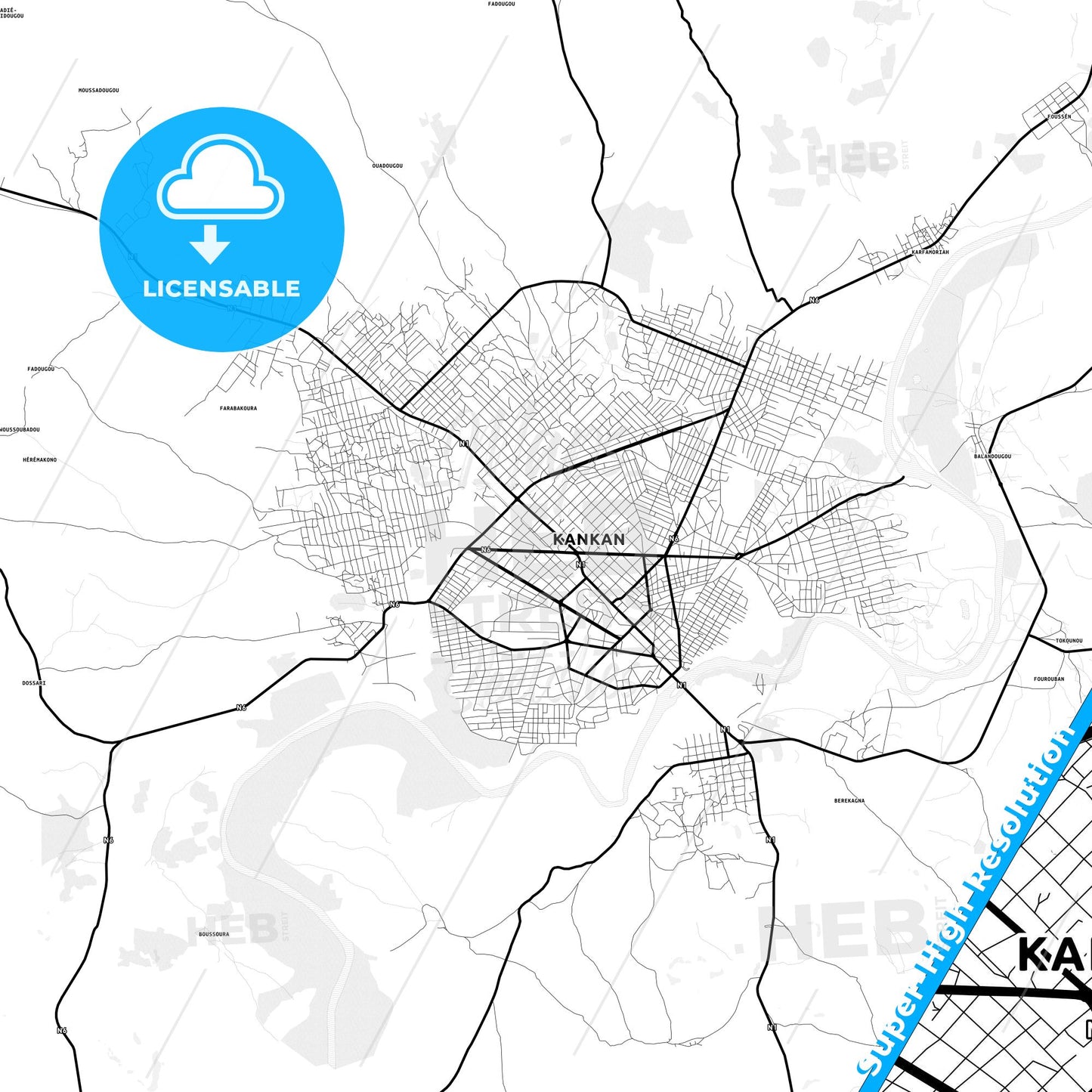 Kankan, Guinea Light Map with Street Names, City Names, and Districts
