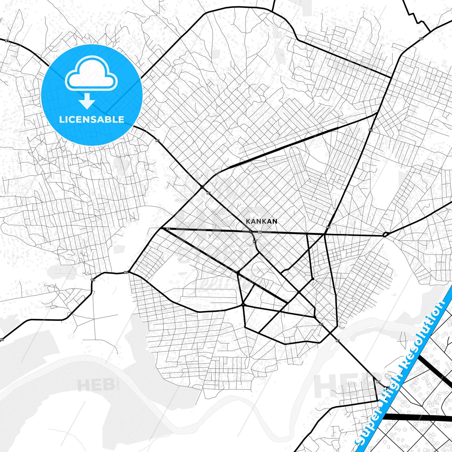 Kankan, Guinea Light Map with Street Names, City Names, and Districts