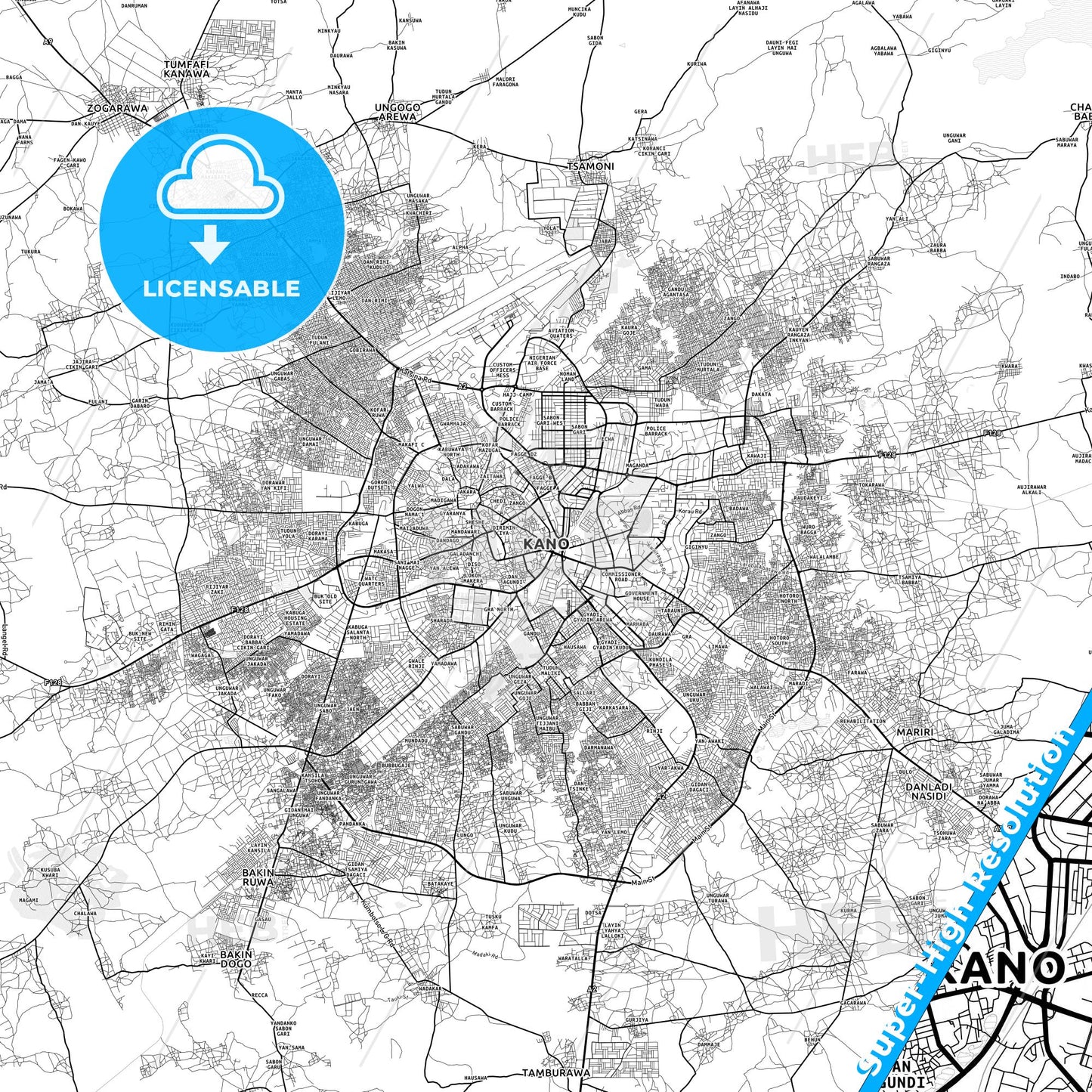 Kano, Nigeria light map with streetnames, citynames and districts