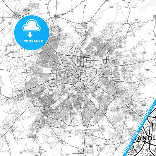 Kano, Nigeria light map with streetnames, citynames and districts