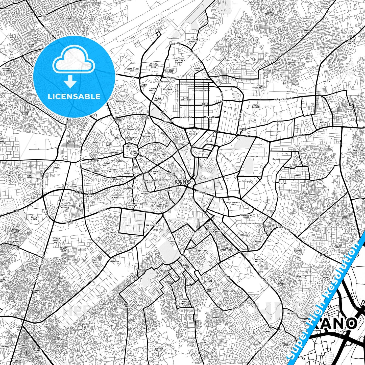 Kano, Nigeria Light Map with Street Names, City Names, and Districts