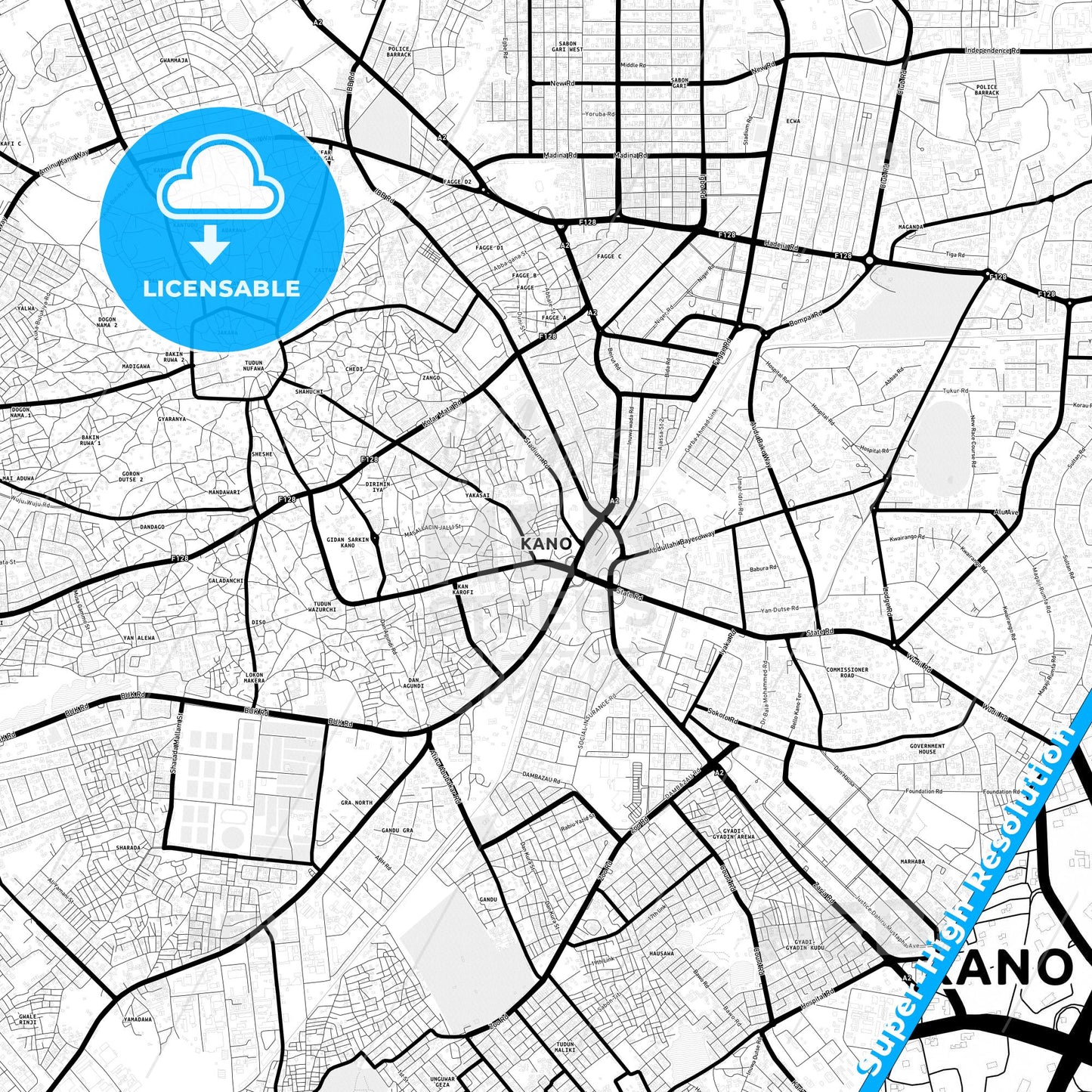 Kano, Nigeria Light Map with Street Names, City Names, and Districts