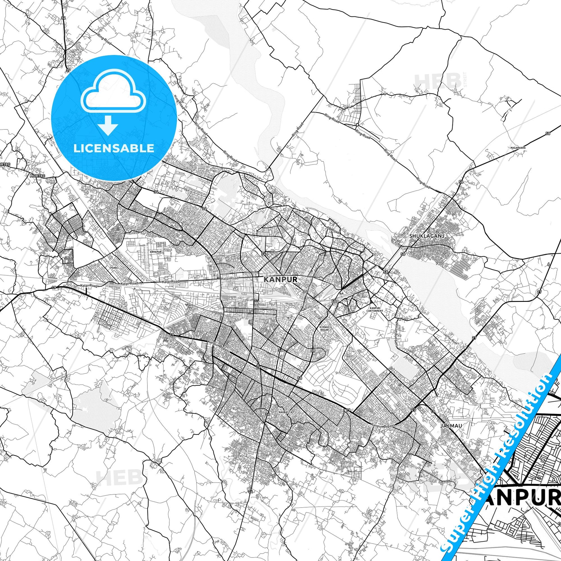 Kanpur, India light map with streetnames, citynames and districts