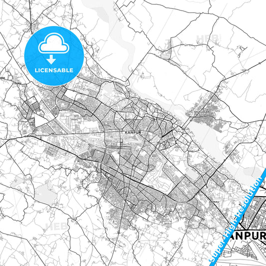 Kanpur, India light map with streetnames, citynames and districts