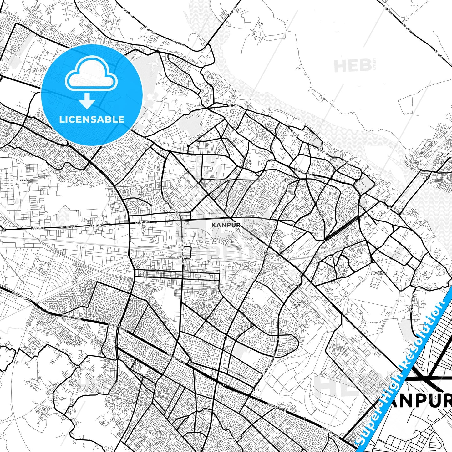 Kanpur, India Light Map with Street Names, City Names, and Districts