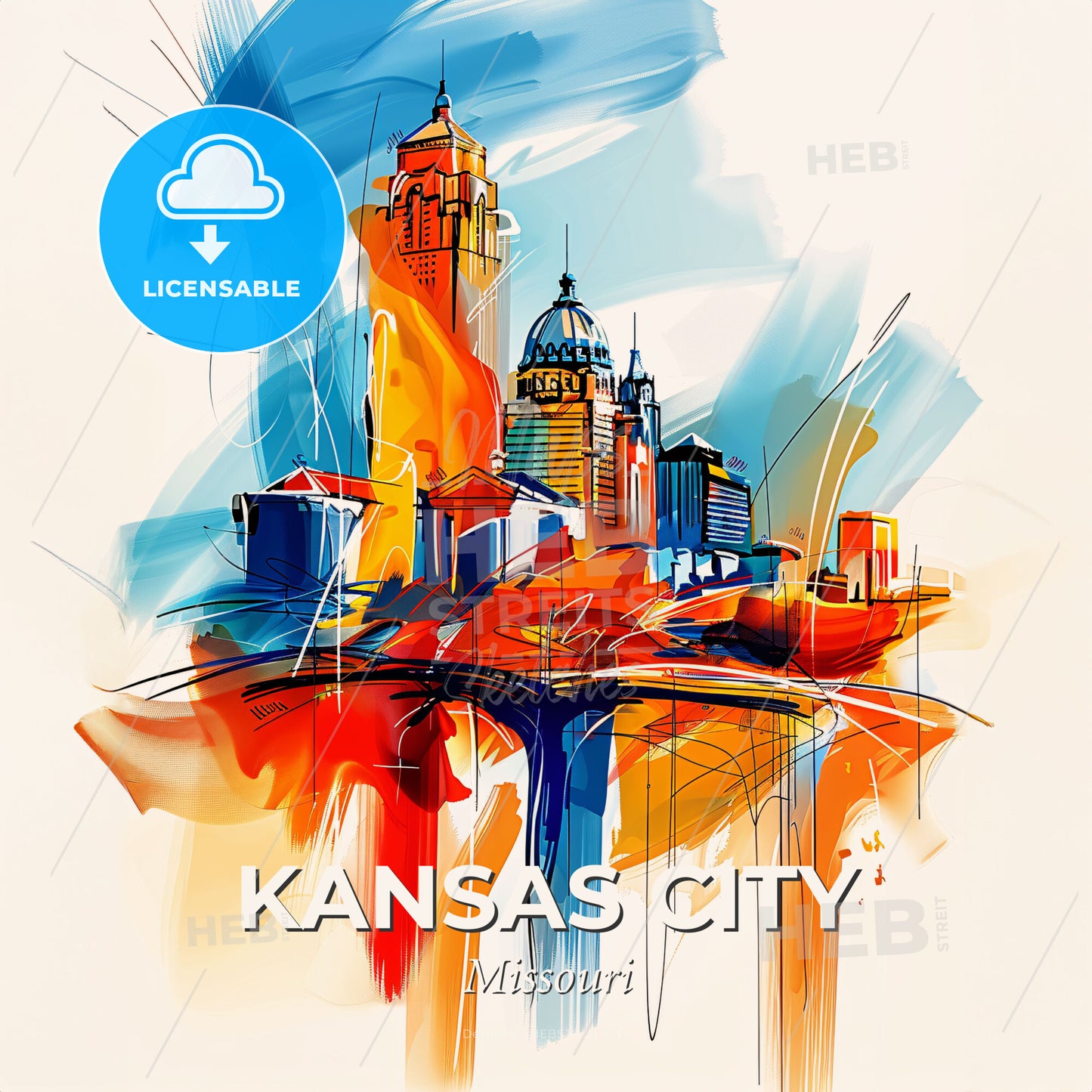 Vibrant Kansas City, Missouri - A Colorful Cityscape With A Bridge - Square format print template