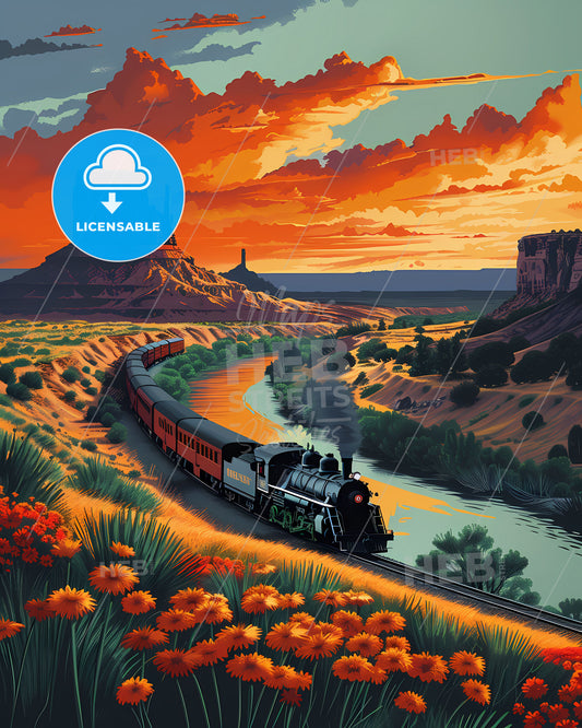 Tranquil Valley Symphony: Artfully Painted Train Journey through Kansas Bloom